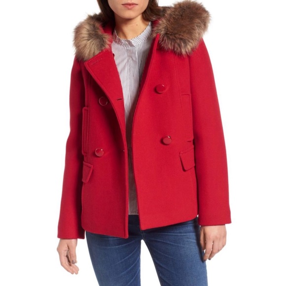 Kate Spade New York Red Peacoat Faux Fur Trim Hood Size Medium